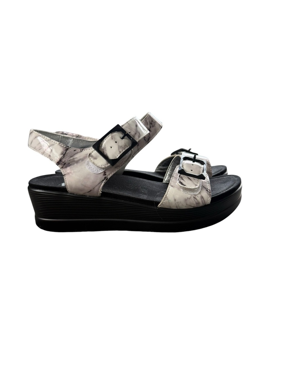 Alegria Marble-Print Black Platform Buckle Sandals